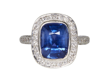 2.95 CT Cushion Cut Halo Ring, Blue, Moderately Included 2.95 CT Cushion Cut Halo Ring, Blue, Moderately Included