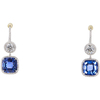 11.22 CTTW Drop Earrings: 4.97 ct. Cushion Mixed Cut, Blue Sapphire, Slightly-Moderately Included, 4.81 ct. Cushion Mixed Cut, Blue Sapphire, Slightly-Moderately Included, GIA 0.71 ct. Old European Cut, G, I1, GIA 0.73 ct. Circular Brilliant Cut, H, SI1 #2